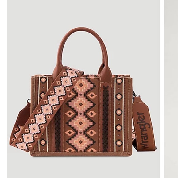 SOUTHWESTERN PRINT CROSS BODY CANVAS MINI TOTE IN DARK BROWN - Picture 1 of 5